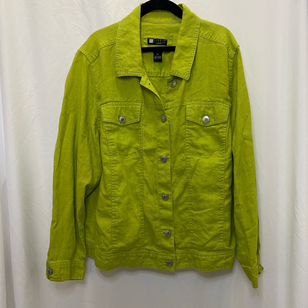 Carole Little bright green 100% linen lightweight jacket, size 2x